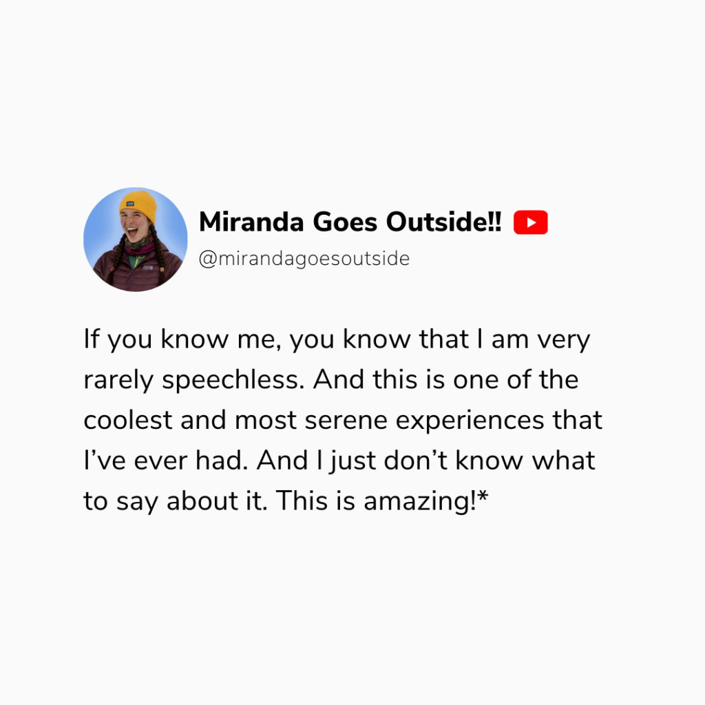 A quote from outdoor influencer Miranda Goes Outside praising the adventure and versatility of packrafting.