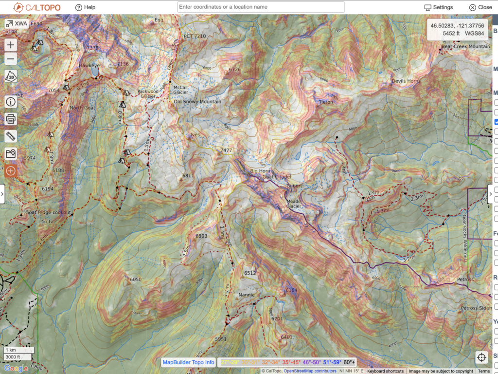 A screenshot of Goat Rocks Wilderness' Gilbert Peak using the Caltopo mapping software, a great tool for to use to avoid crowds in the outdoors.