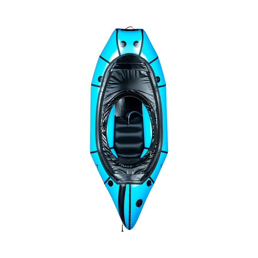 Bird’s-eye product view of the Alpacka Caribou packraft with removable whitewater deck and Cargo Fly storage system, part of the Optimum Adventures packraft fleet.
