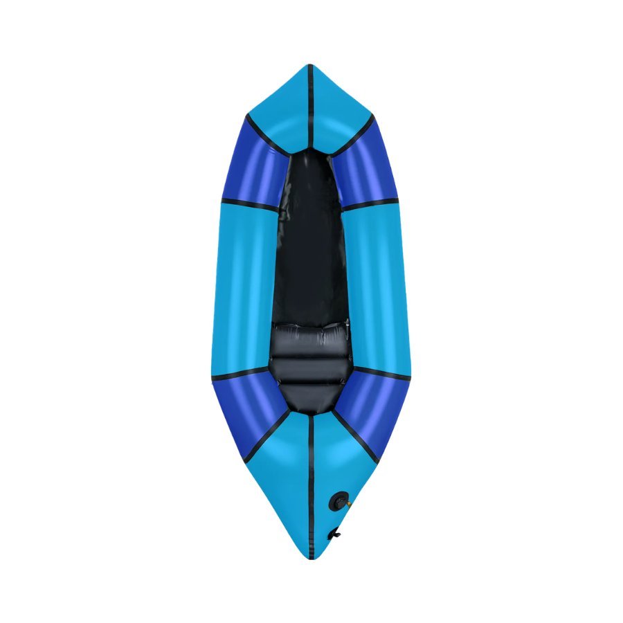 Bird’s-eye product view of the Alpacka Scout, an ultralight minimalist packraft featured in the Optimum Adventures packraft fleet.