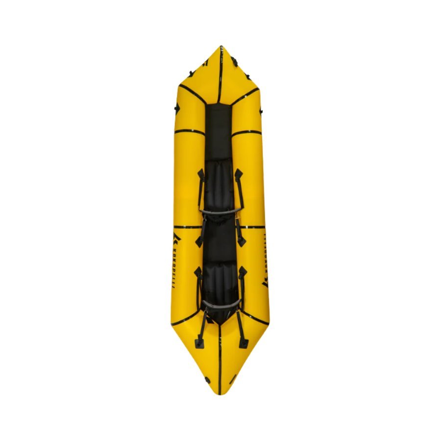 Bird’s-eye product view of the Kokopelli Twain tandem packraft, designed for two paddlers and available within the Optimum Adventures packraft fleet.
